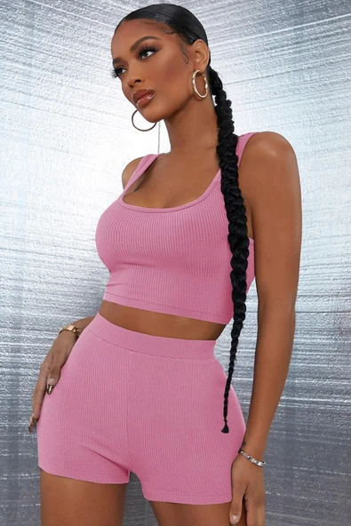 Kadın Pembe Şortlu Crop Top Gecelik Takım - 4
