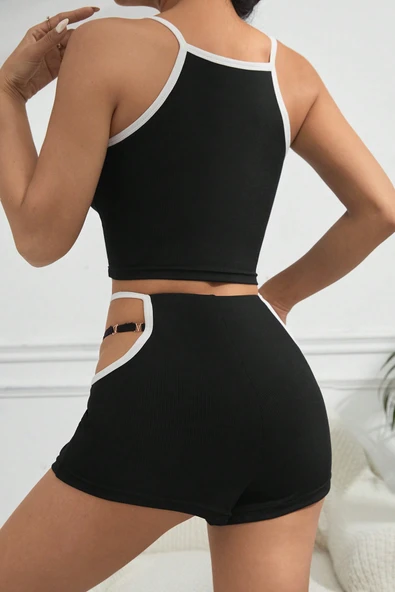 Kadın Siyah Beyaz Şortlu Cut-Out Detaylı Gecelik Takımı - 3