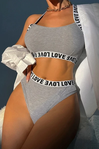 Kadın Gri Çapraz Sırt Ve Love Yazı Detaylı Iç Çamaşır Takımı - 3