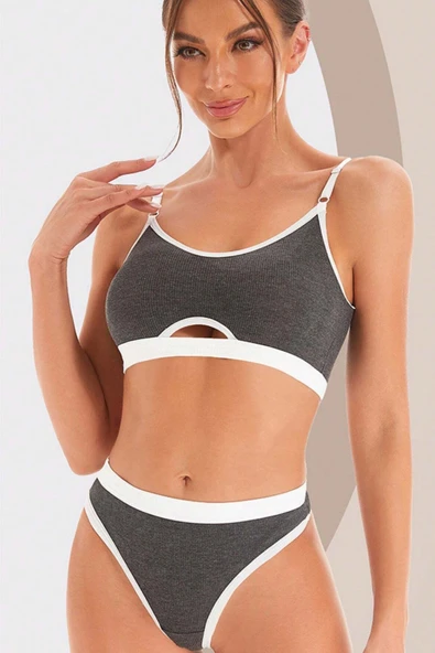 Kadın Gri Antrasit Kaşkorse ve Beyaz Lastikli Cut-Out Tanga Külotlu Takım - 2