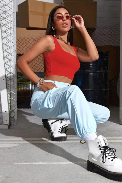 Kadın Kırmızı Kalın Askılı Crop Top Büstiyer - 5