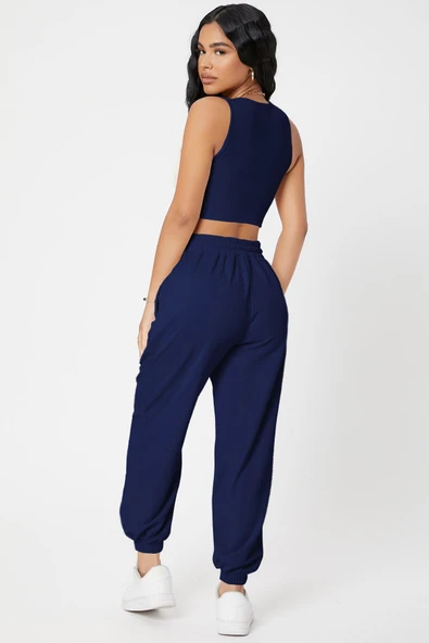 Kadın Lacivert Kaşkorse Cepli Jogger Eşofman Altı ve Crop Top Bluz - 2