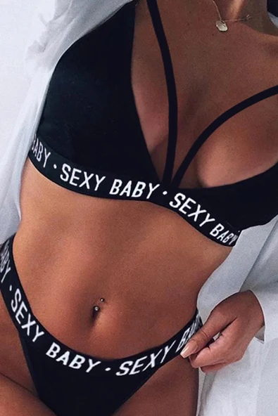 Kadın Siyah Yazı Detaylı Ipli Sütyen Takımı - 3