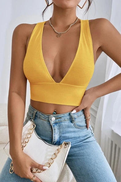 Kadın Sarı Çapraz Sırt Detaylı Şık Crop Top Büstiyer - 3