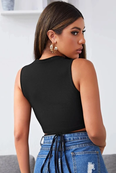 Kadın Siyah Çapraz Bağlamalı Crop Top Büstiyer - 2