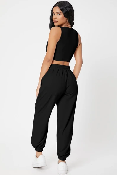 Kadın Siyah Kaşkorse Cepli Jogger Eşofman Altı ve Crop Top Bluz - 2