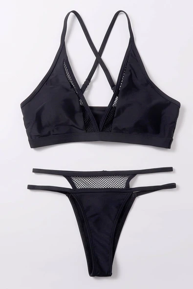 Kadın Siyah File Detaylı Özel Bikini Takımı - 5