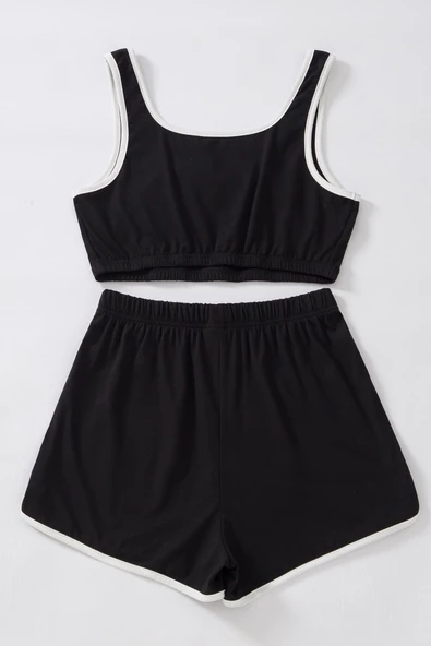 Kadın Siyah Askılı Crop Top ve Şortlu Gecelik Takım - 3