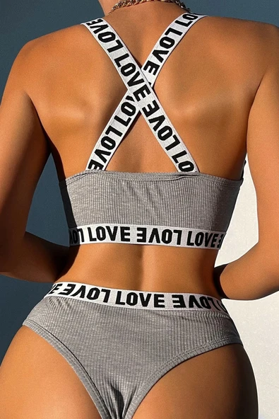 Kadın Gri Çapraz Sırt Ve Love Yazı Detaylı Iç Çamaşır Takımı - 2
