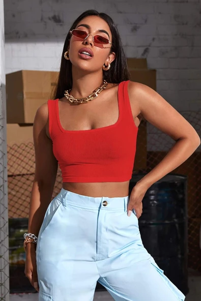 Kadın Kırmızı Kalın Askılı Crop Top Büstiyer - 4