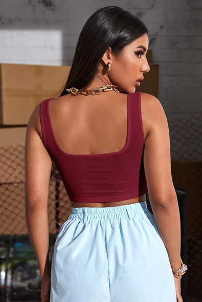 Kadın Bordo Kalın Askılı Crop Top Büstiyer - 2