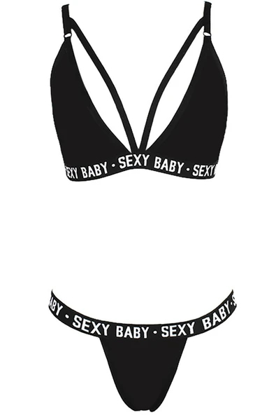 Kadın Siyah Yazı Detaylı Ipli Sütyen Takımı - 4