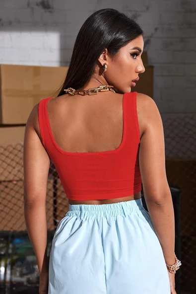 Kadın Kırmızı Kalın Askılı Crop Top Büstiyer - 2