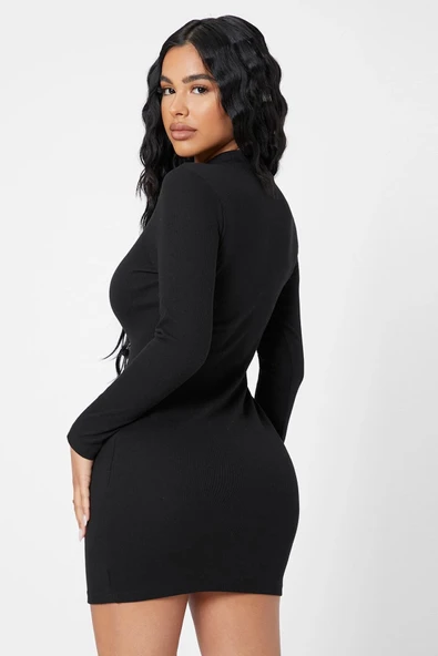 Kadın Siyah Kaşkorse Balıkçı Yaka Uzun Kollu Bodycon Mini Elbise - 2