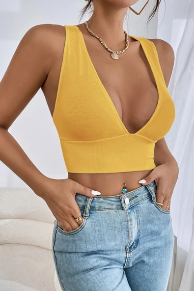 Kadın Sarı Çapraz Sırt Detaylı Şık Crop Top Büstiyer - 2