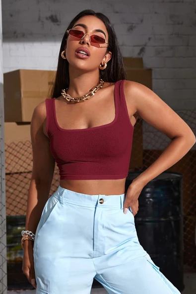 Kadın Bordo Kalın Askılı Crop Top Büstiyer