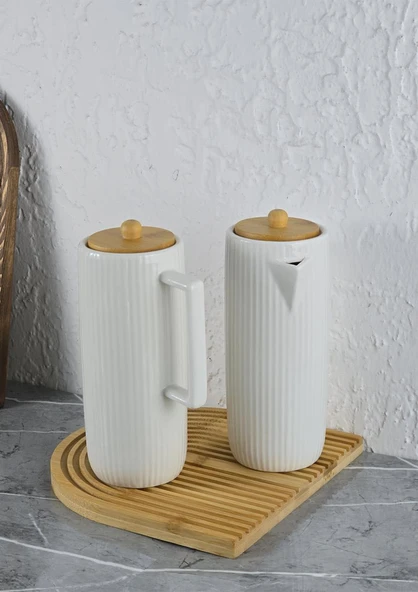 Mitra Porselen Yağlık Seti - Bambu Stantlı Yağdanlık Takımı - 2x600 ML - 2