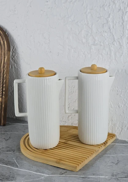 Mitra Porselen Yağlık Seti - Bambu Stantlı Yağdanlık Takımı - 2x600 ML