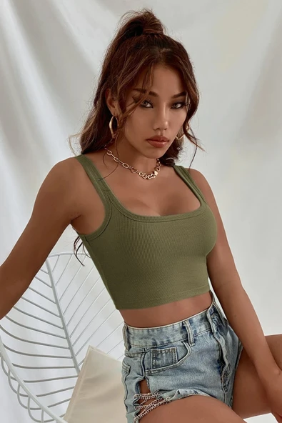 Kadın Haki Yeşili Kalın Askılı Crop Top Büstiyer - 7