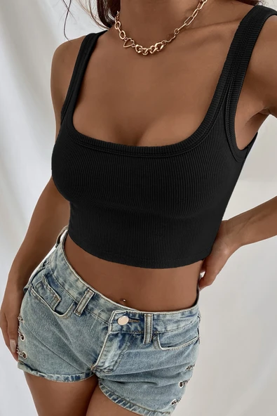 Kadın Siyah Kalın Askılı Crop Top Büstiyer - 5