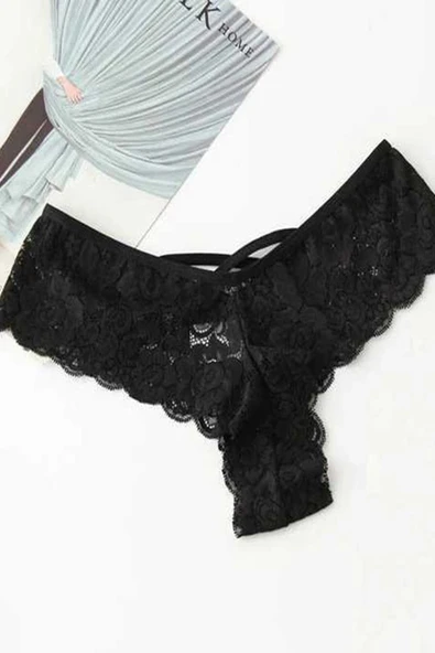 Kadın Siyah Dantel Tanga Külot - 5