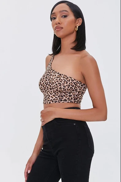 Kadın Leopar Desenli Tek Omuz Crop Büstiyer
