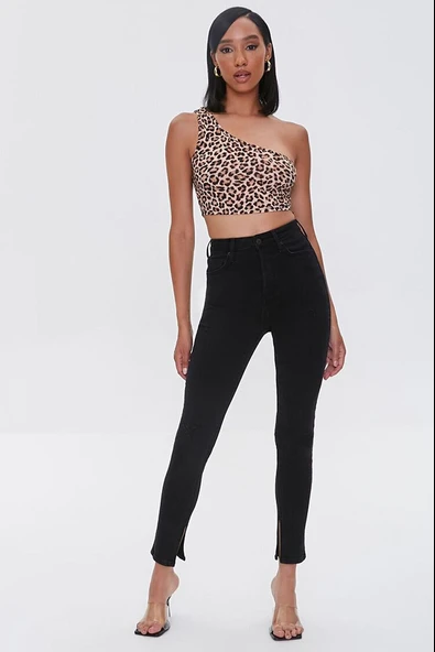 Kadın Leopar Desenli Tek Omuz Crop Büstiyer - 4