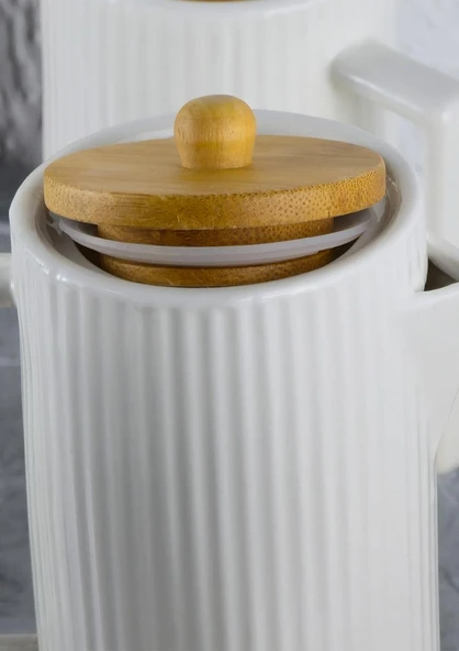 Mitra Porselen Yağlık Seti - Bambu Stantlı Yağdanlık Takımı - 2x600 ML - 6