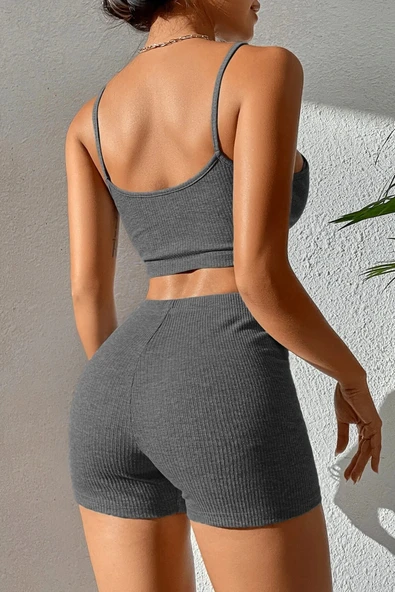 Kadın Antrasit Gri Şortlu Kaşkorse Gecelik Takım - 2