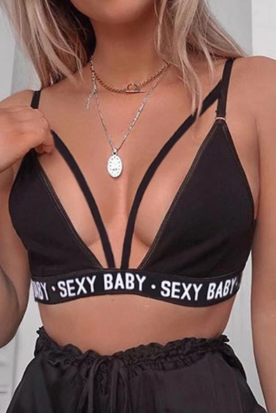 Kadın Siyah Yazı Detaylı Ipli Sütyen Takımı - 2