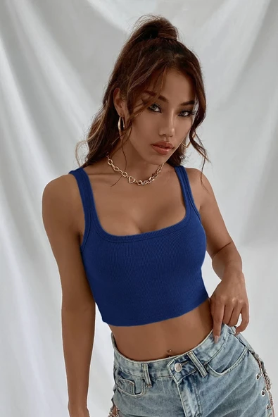 Kadın Lacivert Kalın Askılı Crop Top Büstiyer - 4