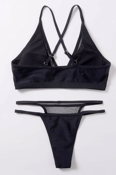 Kadın Siyah File Detaylı Özel Bikini Takımı - 6