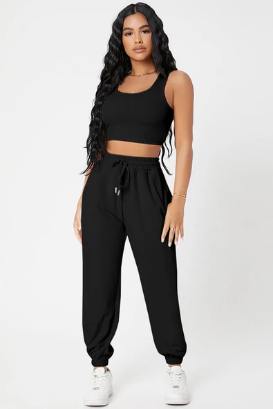 Kadın Siyah Kaşkorse Cepli Jogger Eşofman Altı ve Crop Top Bluz