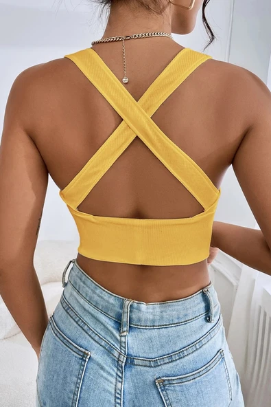 Kadın Sarı Çapraz Sırt Detaylı Şık Crop Top Büstiyer - 5