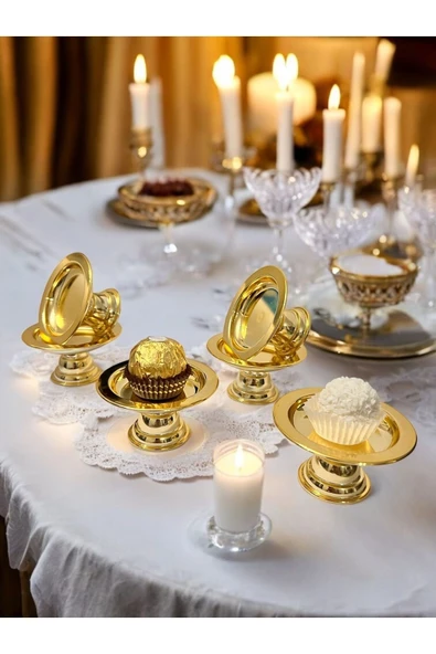 6'lı Dekoratif Gold Kaplama Ayaklı Lokumluk Makaronluk Kahve Yanı Sunumluk Lokumluk - 2