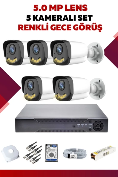 5 Kameralı Set - 5MP Sony Lensli Full Hd Renkli Gece Görüşlü Güvenlik Kamerası Sistemi - OFJE10E9G0