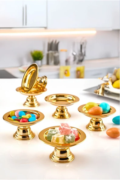 6'lı Dekoratif Gold Kaplama Ayaklı Lokumluk Makaronluk Kahve Yanı Sunumluk Lokumluk