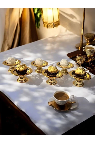 6'lı Dekoratif Gold Kaplama Ayaklı Lokumluk Makaronluk Kahve Yanı Sunumluk Lokumluk - 3