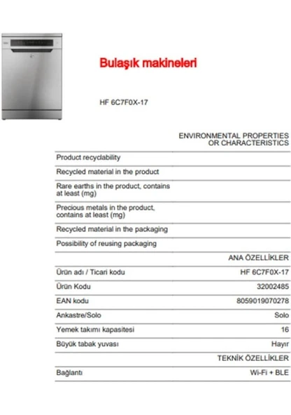 Hoover HF 6C7F0X-17 8 Programlı Wi-Fi Bulaşık Makinesi - 6