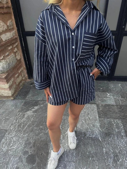 Kadın Gömlek Şort Takım Mavi - Resim 3