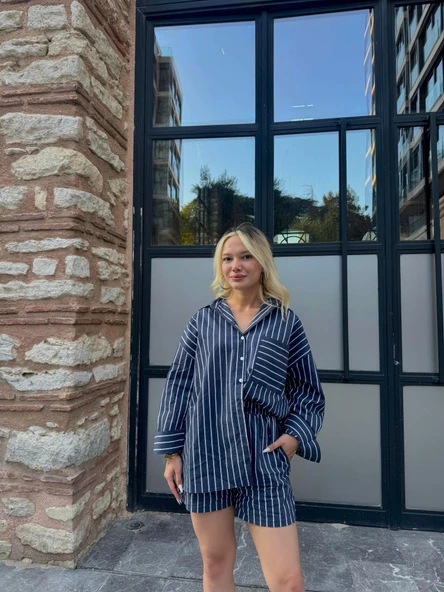 Kadın Gömlek Şort Takım Mavi - Resim 2