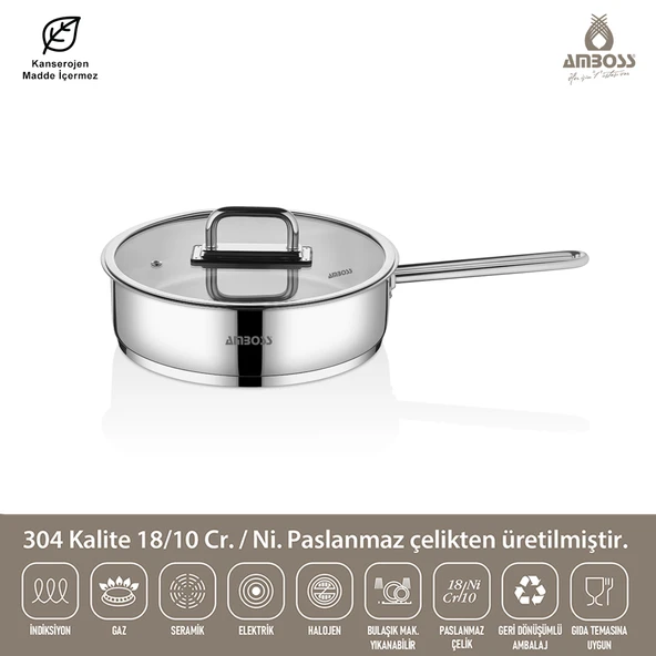 Nova Paslanmaz Çelik Cam Kapaklı Tava 22x5 cm - 2