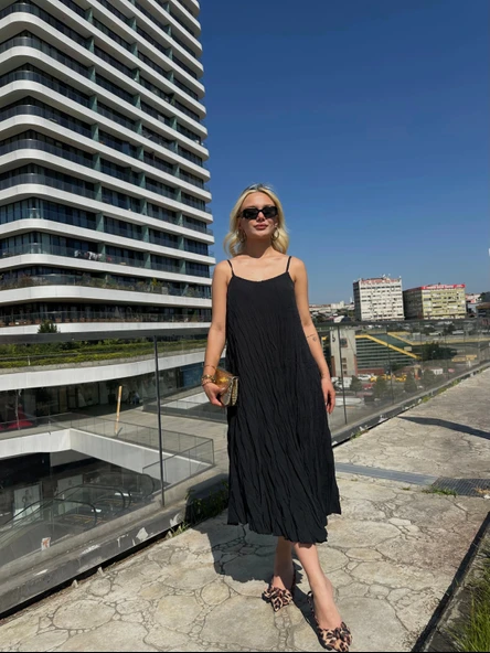 Kadın Kırışık Desenli Askılı Elbise Siyah - 6