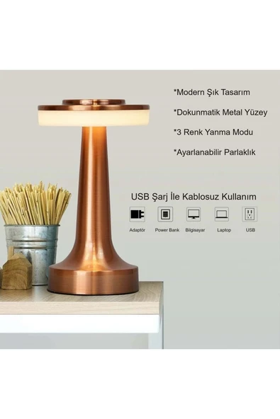 Retro Şarjlı Dekoratif Dokunmatik Metal Masa Lambası 3 Renk Mod Dim Edilebilir - 2