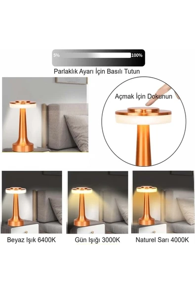 Retro Şarjlı Dekoratif Dokunmatik Metal Masa Lambası 3 Renk Mod Dim Edilebilir - 3