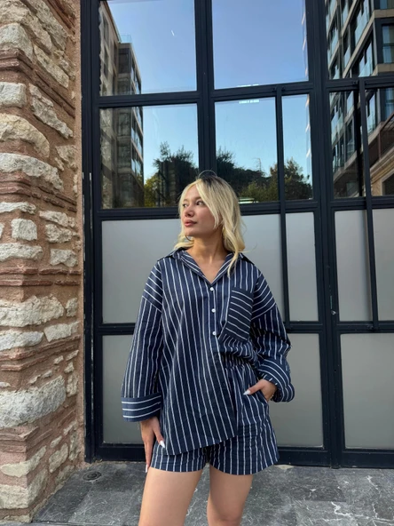 Kadın Gömlek Şort Takım Mavi - Resim 5