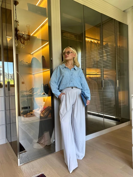 Kadın Oversize Gömlek İndigo - Resim 3