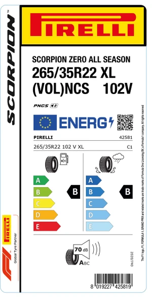 PİRELLİ 265/35R22 102V XL VOL NCS SCORPION ZERO AS DÖRT MEVSİM LASTİGİ ÜRETİM YILI:2024 - 2
