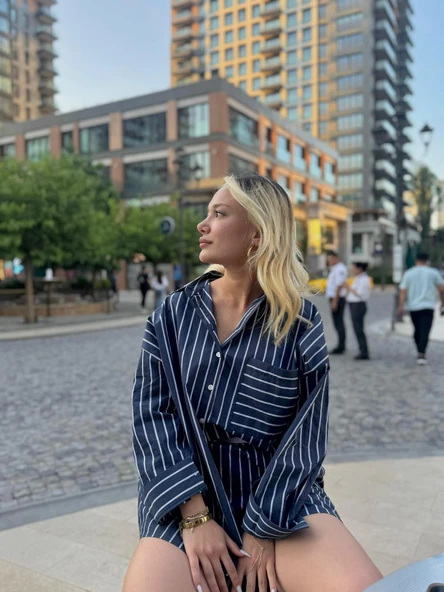 Kadın Gömlek Şort Takım Mavi - Resim 4