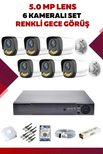 6 Kameralı Set - 5MP Sony Lensli Full Hd Renkli Gece Görüşlü Güvenlik Kamerası Sistemi - IYUZTYK0AK